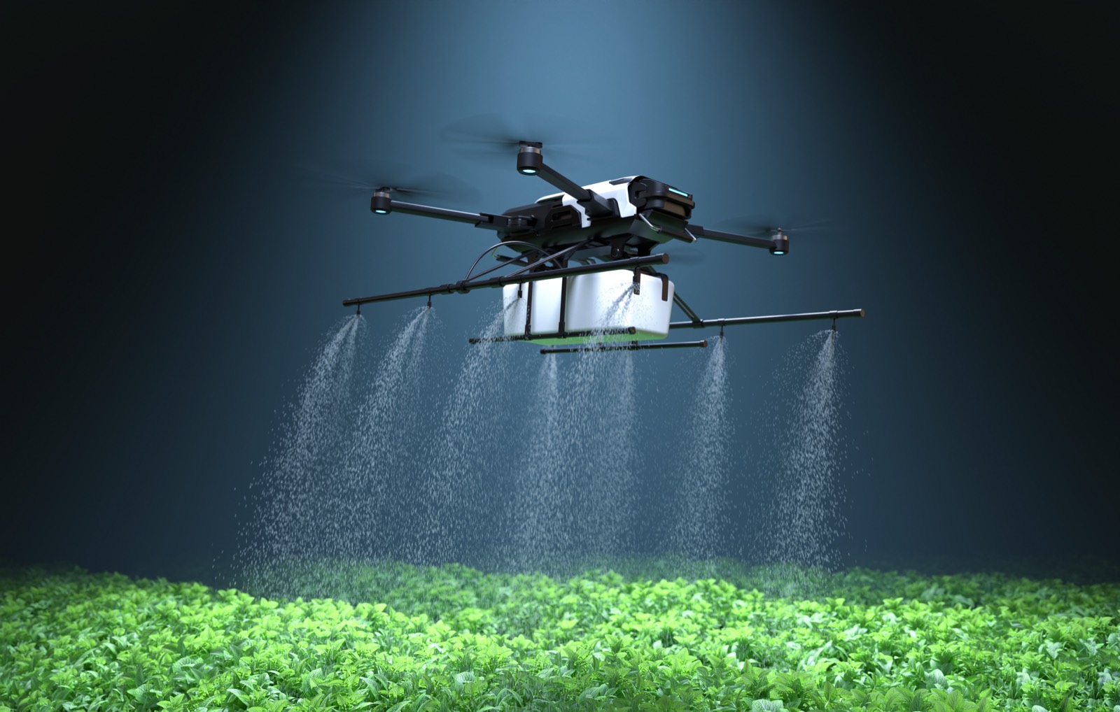 Agricultural drone spraying a field of crops