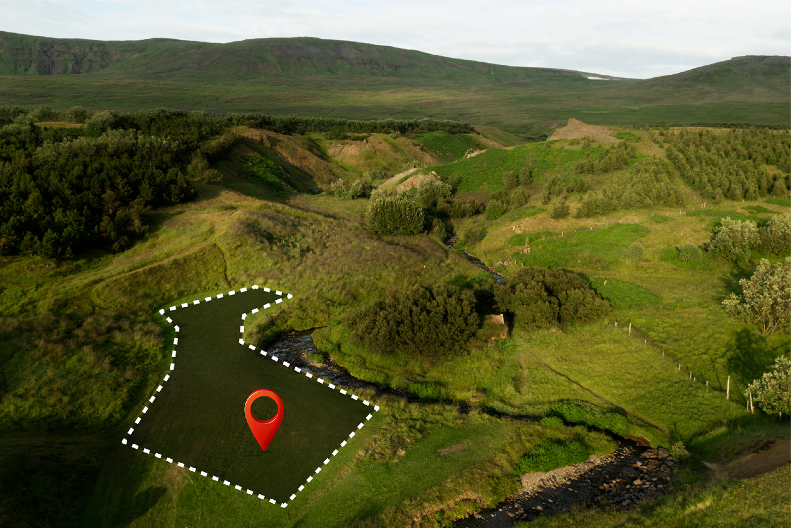 Aerial view of a mapped farm field with its boundary marked